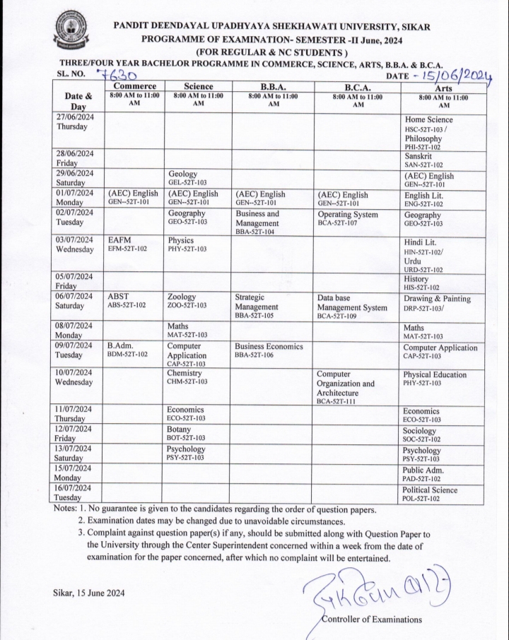 Shekhawati University 2nd Semester Time Table 2024